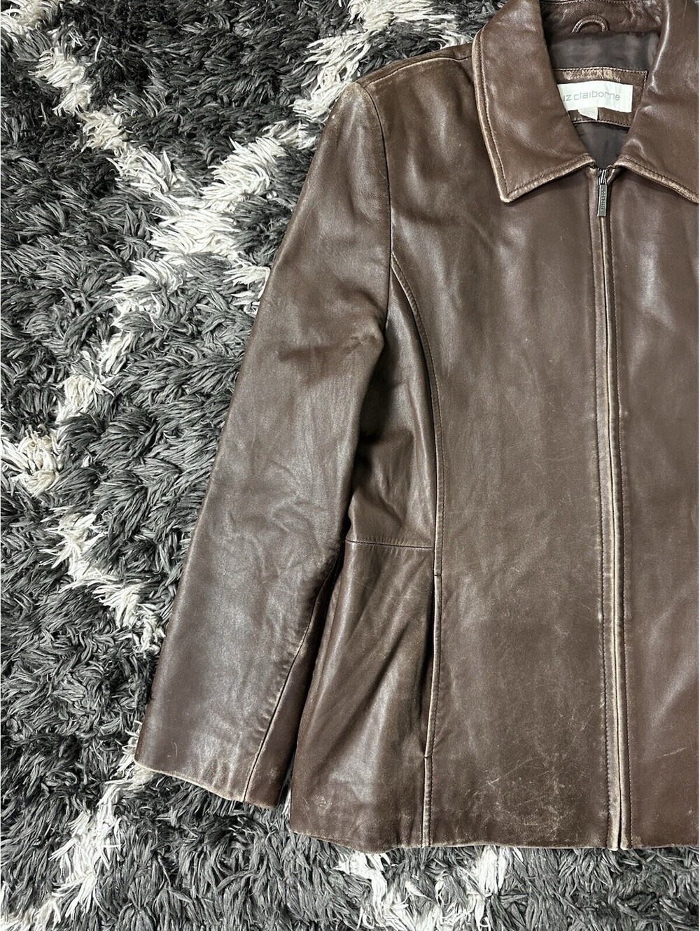 Liz Claiborne Womens XL Brown Genuine Leather Full Zip Jacket Coat Outerwear - Picture 3 of 12